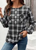 Modlily Black Button Plaid Long Sleeve Round Neck Blouse - L