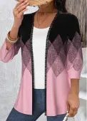 Modlily Black Embroidery Geometric Print 3/4 Sleeve Light Cardigan - XXL