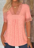Modlily Pink Patchwork Short Sleeve V Neck T Shirt - S