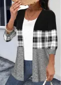 Modlily Black Patchwork Plaid 3/4 Sleeve Round Neck Light Cardigan - XXL