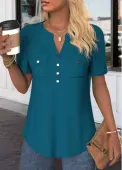 Modlily Peacock Blue Button Short Sleeve Split Neck Blouse - L