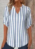 Modlily White Button Striped 3/4 Sleeve Split Neck Blouse - L