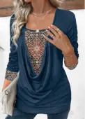 Modlily Navy Patchwork Tribal Print Fake Two Piece Twinset - M