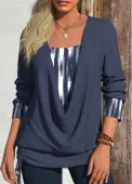Modlily Navy Fake 2in1 Geometric Print Long Sleeve T Shirt - M