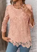 Modlily Light Pink Lace 3/4 Sleeve Round Neck T Shirt - M