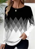 Modlily Black Patchwork Geometric Print Long Sleeve T Shirt - L
