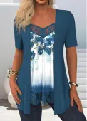 Modlily Peacock Blue Lace Floral Print Fake Two Piece Twinset - S