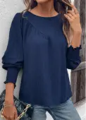 Modlily Navy Smocked Long Sleeve Round Neck Blouse - M