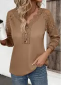 Modlily Dark Camel Embroidery Long Sleeve V Neck T Shirt - M