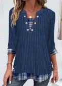Modlily Dark Blue Patchwork Plaid 3/4 Sleeve T Shirt - XL
