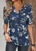 Modlily Dark Blue Button Floral Print Short Sleeve T Shirt - XXL
