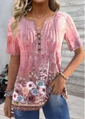 Modlily Pink Tuck Stitch Floral Print Short Sleeve T Shirt - L