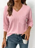 Modlily Light Pink Jacquard Long Sleeve V Neck T Shirt - L