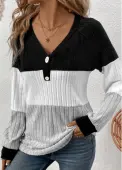 Modlily Black Patchwork Long Sleeve V Neck T Shirt - S