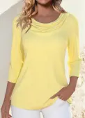 Modlily Light Yellow 3/4 Sleeve Draped Neck T Shirt - XXL