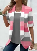 Modlily Pink Fake 2in1 Striped Half Sleeve T Shirt - L