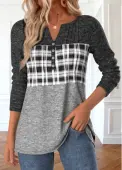 Modlily Grey Patchwork Plaid Long Sleeve Split Neck T Shirt - XXL