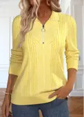Modlily Light Yellow Zipper Long Sleeve Turn Down Collar Sweatshirt - L