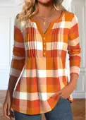 Modlily Orange Tuck Stitch Plaid Long Sleeve T Shirt - L