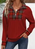 Modlily Deep Red Patchwork Plaid Long Sleeve Sweatshirt - M