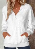 Modlily White Zipper Long Sleeve V Neck Hoodie - L