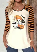 Modlily Halloween Orange Patchwork Long Sleeve Round Neck T Shirt - L