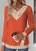 Modlily Orange Button Striped Long Sleeve V Neck Sweatshirt - XL