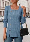 Modlily Blue Button Long Sleeve Square Neck T Shirt - L
