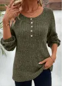 Modlily Olive Green Button Long Sleeve Round Neck T Shirt - XXL