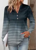 Modlily Navy Button Striped Long Sleeve Split Neck T Shirt - XXL
