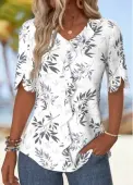 Modlily White Ruffle Leaf Print Half Sleeve V Neck Blouse - M