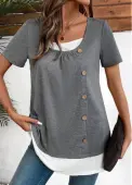 Modlily Plus Size Dark Grey Marl Patchwork Short Sleeve Blouse - 3X