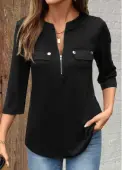 Modlily Black Zipper 3/4 Sleeve Split Neck Shirt - M