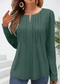 Modlily Green Tuck Stitch Long Sleeve Split Neck T Shirt - M