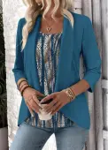 Modlily Peacock Blue Leopard 3/4 Sleeve Fake Two Piece Twinset - L