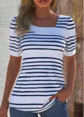 Modlily White Asymmetry Striped Short Sleeve Asymmetrical Neck T Shirt - XL
