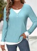 Modlily Light Blue Patchwork Long Sleeve Round Neck Blouse - XXL