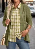 Modlily Avocado Green Plaid Long Sleeve Fake Two Piece Twinset - S