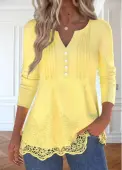 Modlily Light Yellow Embroidery Long Sleeve Split Neck T Shirt - XXL