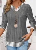 Modlily Grey Patchwork Striped Long Sleeve Fake Two Piece Twinset - L