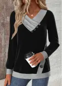 Modlily Black Button Long Sleeve V Neck Sweatshirt - L