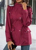 Modlily Wine Red Lace Up Long Sleeve Hooded Trench Coat - 3XL