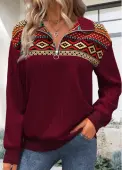 Modlily Deep Red Zipper Tribal Print Long Sleeve Sweatshirt - M