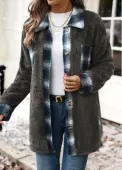 Modlily Blackish Green Plush Plaid Long Sleeve Coat - L