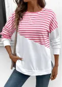 Modlily Pink Patchwork Striped Long Sleeve Round Neck Sweatshirt - XL