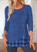 Modlily Blue Button Plaid Long Sleeve Round Neck T Shirt - M