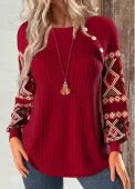 Modlily Wine Red Patchwork Tribal Print Long Sleeve Sweatshirt - XXL
