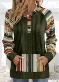 Modlily Olive Green Patchwork Tribal Print Long Sleeve Hoodie - XXL