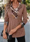 Modlily Dark Coffee Patchwork Plaid Long Sleeve Blouse - XXL