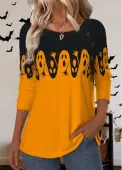 Modlily Halloween Orange Button Long Sleeve Round Neck T Shirt - XXL
